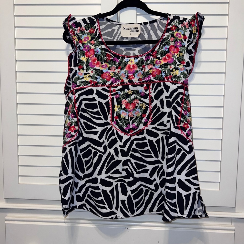 Savanna Jane Bold colors Zebra Print Floral Embroidered Ruffle Sleeve Boho top